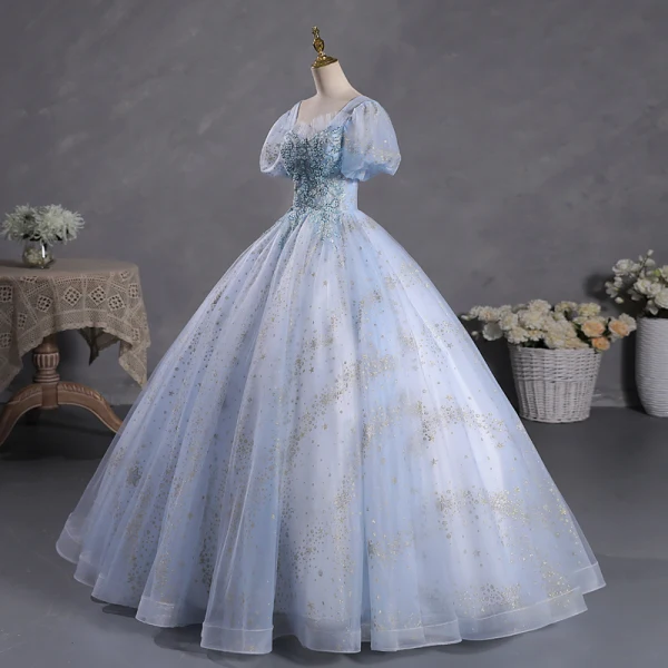 Elegant Champagne Beading Sequins Prom Dresses 2023 Ball Gown Square Neckline Puffy Short Sleeve Backless Floor-Length / Long Prom Formal Dresses