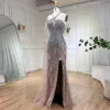 High-end Nude Handmade  Beading Sequins Split Front Prom Dresses 2024 Trumpet / Mermaid Spaghetti Straps Sleeveless Backless Floor-Length / Long Prom Formal Dresses