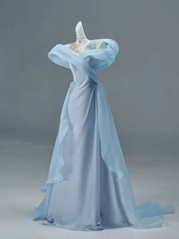 Fashion Sky Blue Beading Sequins Satin Prom Dresses 2026 A-Line / Princess Off-The-Shoulder Sleeveless Backless Sweep Train Formal Dresses