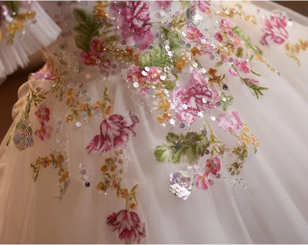 Fancy White Sequins Lace Flower Birthday Flower Girl Dresses 2025 Ball Gown Off-The-Shoulder Short Sleeve Backless Floor-Length / Long Tulle