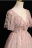 Bling Bling Dusky Pink Beading Sequins Prom Dresses 2024 A-Line / Princess V-Neck Short Sleeve Backless Floor-Length / Long Prom Formal Dresses