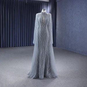 Haut De Gamme Gris Fait Main Perlage Paillettes Robe De Soirée 2023 Trompette Sirène Col Haut Manches Longues Longue Soirée Robe De Ceremonie