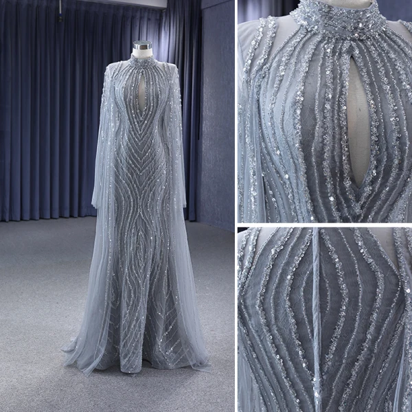 High-end Grey Handmade  Beading Sequins Evening Dresses 2023 Trumpet / Mermaid High Neck Long Sleeve Floor-Length / Long Evening Party Formal Dresses