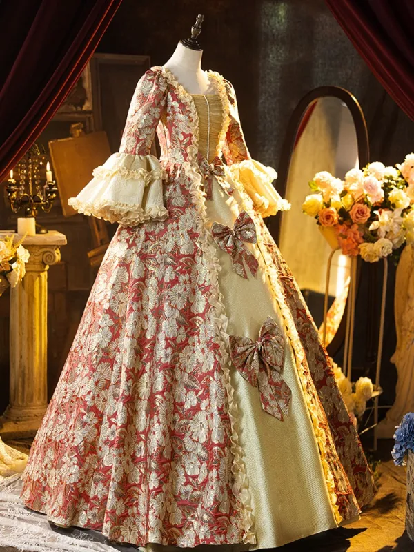 Medieval Vintage Retro Red Glitter Printing Pearl Bow Cosplay Lolita Prom Dresses 2024 Ball Gown Square Neckline Bell sleeves Backless