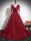 Chic / Beautiful Burgundy Floor-Length / Long Prom Dresses 2024 Ball Gown V-Neck Sleeveless Backless Prom Formal Dresses