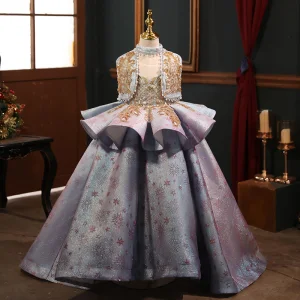 Elegant Purple Pearl Sequins Birthday Flower Girl Dresses 2022 Ball Gown Scoop Neck Cascading Ruffles Short Sleeve Floor Length Long Flower Girl Dresses
