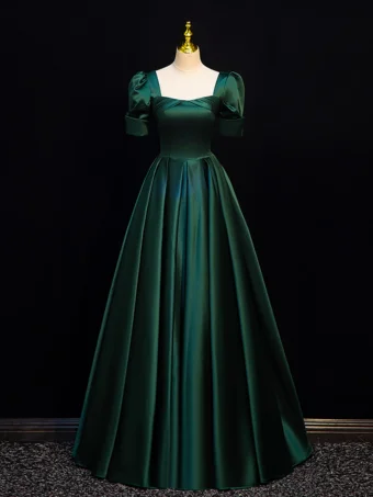 Vintage Originale Vert Foncé Satin Robe De Bal 2024 Princesse Encolure Carrée Manches Courtes Dos Nu Longue Promo Robe De Ceremonie