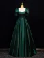Vintage / Retro Dark Green Satin Prom Dresses 2024 A-Line / Princess Square Neckline Short Sleeve Backless Floor-Length / Long Prom Formal Dresses