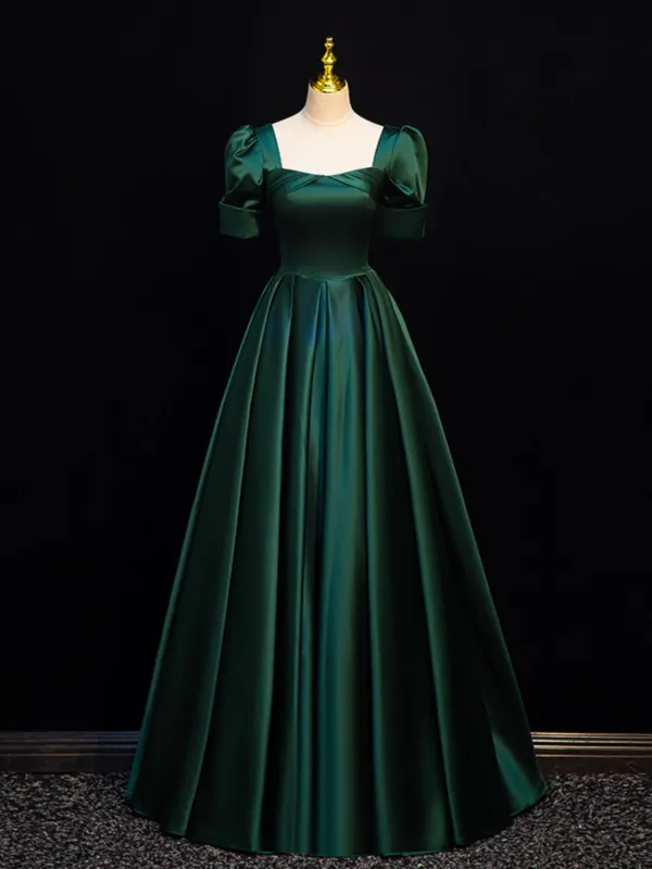Vintage / Retro Dark Green Satin Prom Dresses 2024 Ball Gown Square Neckline Short Sleeve Backless Floor-Length / Long Prom Formal Dresses