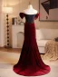 Elegant Burgundy Rhinestone Velvet Prom Dresses 2025 Trumpet / Mermaid Off-The-Shoulder Short Sleeve Backless Sweep Train Prom Formal Dresses