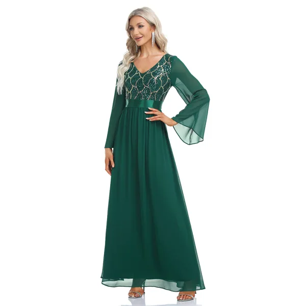 Chic / Beautiful Dark Green Sequins Evening Dresses 2023 A-Line / Princess V-Neck Long Sleeve Chiffon Sash Floor-Length / Long Evening Party Formal Dresses