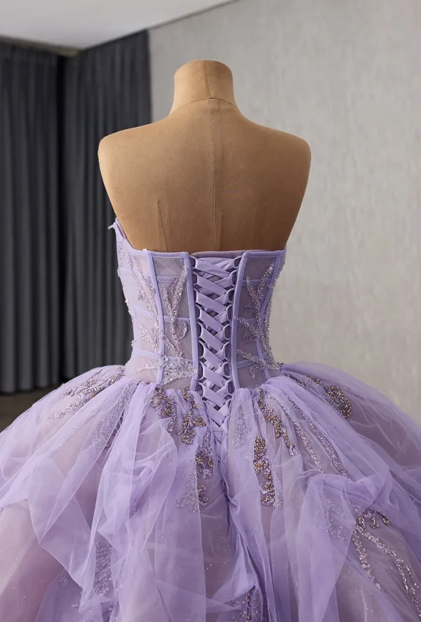 Luxury / Gorgeous Purple Handmade  Beading Sequins Cascading Ruffles Prom Dresses 2025 Ball Gown Strapless Sleeveless Backless Chapel Train Prom Formal Dresses