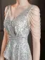 Scintillantes Argenté Paillettes Fendue devant Robe De Soirée 2022 Trompette / Sirène V-Cou Sans Manches Dos Nu Longue Soirée Robe De Ceremonie