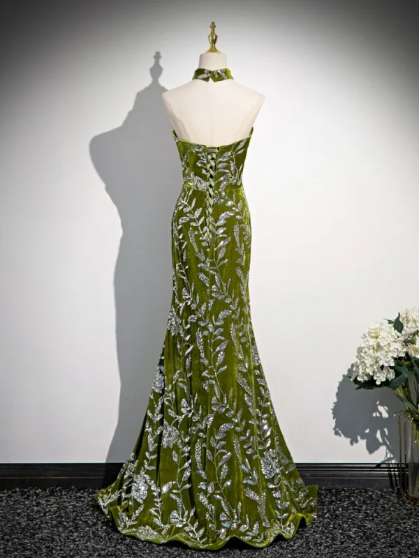 Fashion Green Sequins Velvet Evening Dresses 2024 Trumpet / Mermaid Strapless Sleeveless Backless Sweep Train Evening Party Formal Dresses
