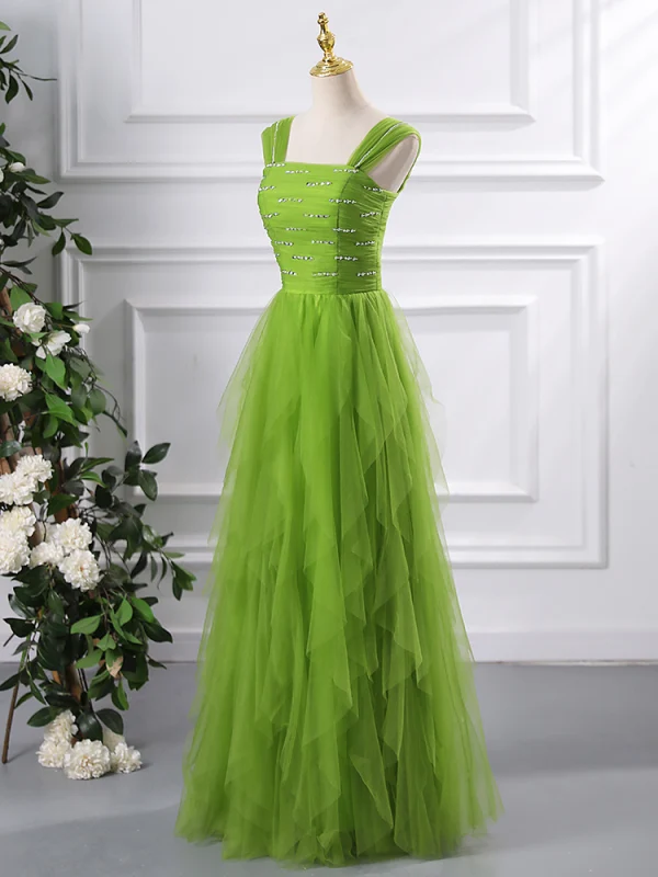 Chic / Beautiful Green Cascading Ruffles Prom Dresses 2024 A-Line / Princess Square Neckline Sleeveless Backless Floor-Length / Long Prom Formal Dresses