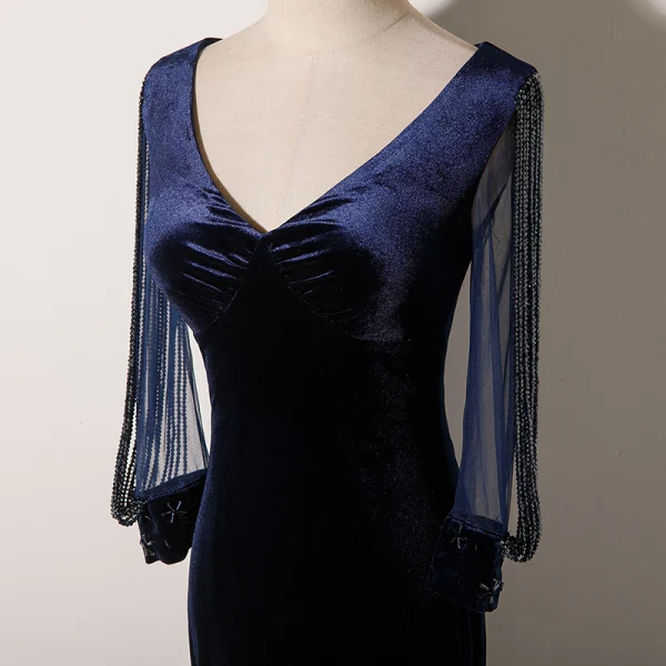 Elegant Navy Blue Suede Evening Dresses 2022 Trumpet / Mermaid V-Neck Beading Tassel Long Sleeve Floor-Length / Long Evening Party Formal Dresses