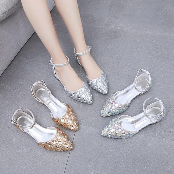 Bling Bling Champagne Rhinestone Flat Wedding Shoes 2024 Ankle Strap Pointed Toe Wedding