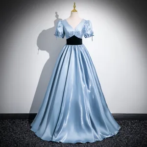Chic Beautiful Sky Blue Prom Dresses 2024 Ball Gown V Neck Puffy Short Sleeve Backless Floor Length Long Prom Formal Dresses
