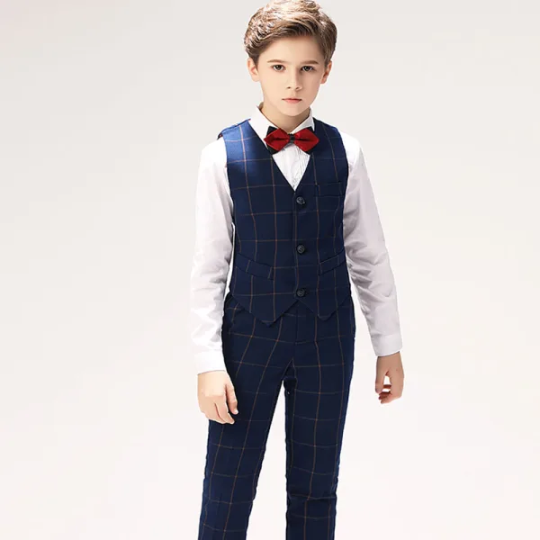 Navy Blue Stripe Long Sleeve Boys Wedding Suits 2022 Body Jewellery Coat Pants Shirt Tie Vest Wedding