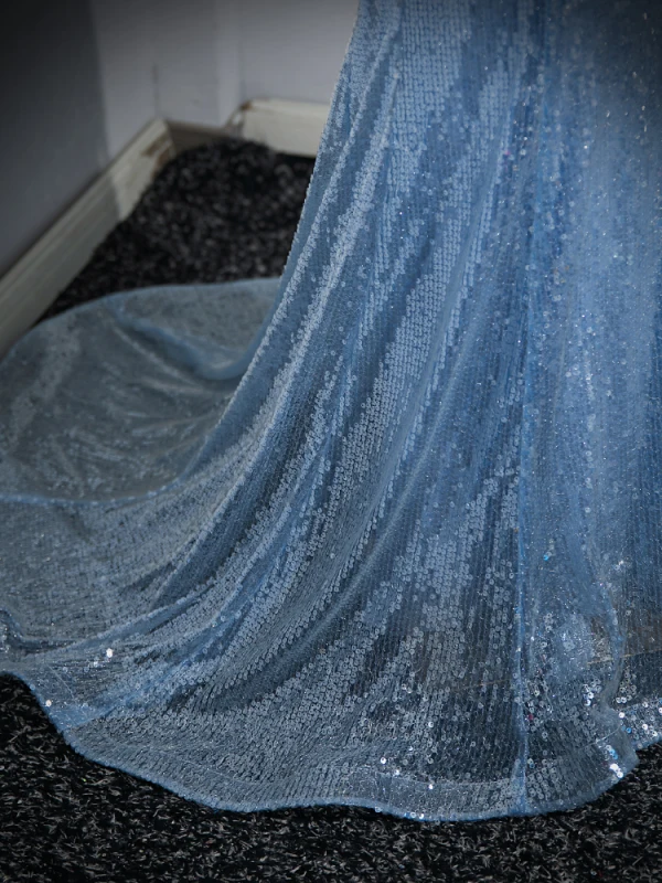 Sexy Bleu Ciel Paillettes Robe De Soirée 2023 Trompette / Sirène Bustier Sans Manches Dos Nu Train De Balayage Soirée Robe De Ceremonie