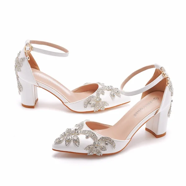 Élégant Blanche Faux Diamant Chaussure De Mariée 2023 Bride Cheville 7 cm Talons Aiguilles À Bout Pointu Mariage Sandales Talons Hauts