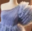 Fashion Sky Blue Cascading Ruffles Rhinestone Prom Dresses 2024 Ball Gown One-Shoulder Short Sleeve Backless Sweep Train Prom Formal Dresses