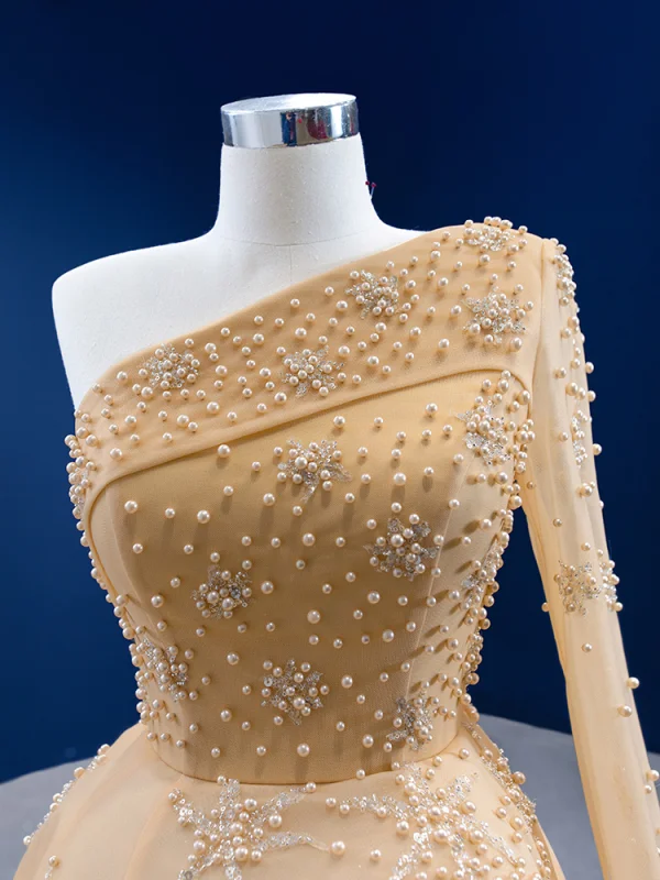 Sexy High-end Champagne Split Front Evening Dresses 2022 A-Line / Princess One-Shoulder Pearl Sequins Long Sleeve Backless Court Train Evening Party Formal Dresses