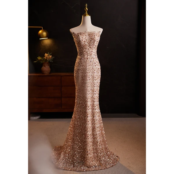 Charmant Rougissant Rose Perlage Paillettes Robe De Soirée 2024 Trompette / Sirène Bustier Sans Manches Dos Nu Noeud Ceinture Longue Promo Robe De Ceremonie