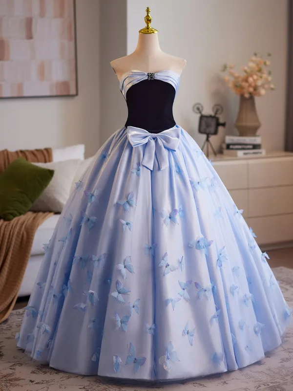 Charming Sky Blue Bow Butterfly Prom Dresses 2025 Ball Gown Strapless Short Sleeve Backless Floor-Length / Long Formal Dresses