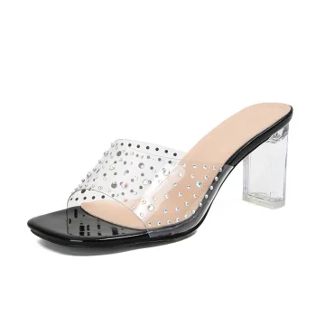 Transparent Black Street Wear Summer Rhinestone Womens Sandals 2022 9 Cm Thick Heels Open Peep Toe Sandals High Heels