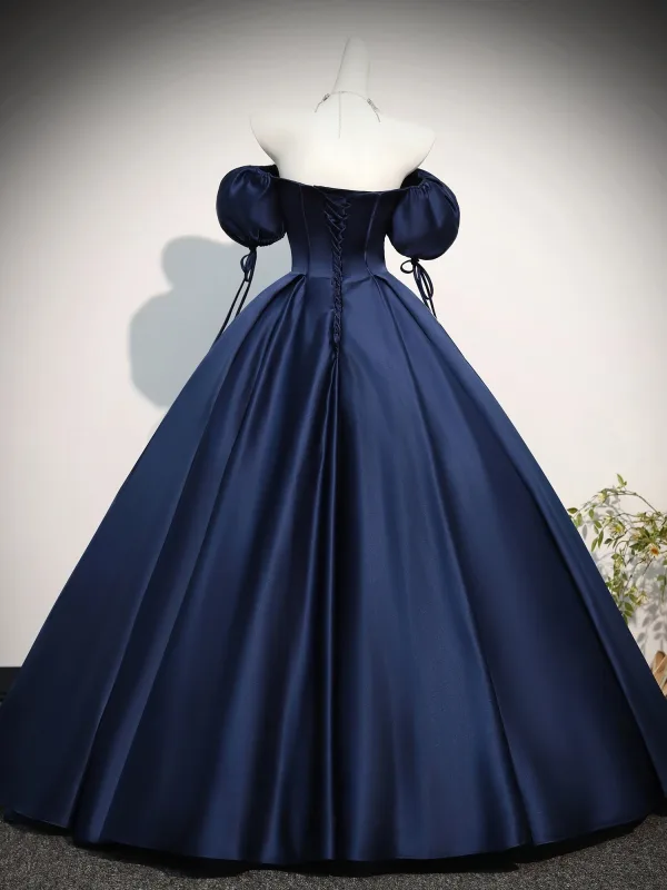 Vintage / Retro Navy Blue Prom Dresses 2026 Ball Gown Off-The-Shoulder Puffy Short Sleeve Backless Floor-Length / Long Formal Dresses
