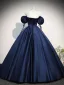 Vintage / Retro Navy Blue Prom Dresses 2026 Ball Gown Off-The-Shoulder Puffy Short Sleeve Backless Floor-Length / Long Formal Dresses
