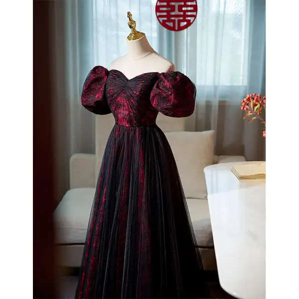 Elegant Burgundy Printing Prom Dresses 2022 A-Line / Princess Off-The-Shoulder Puffy Short Sleeve Backless Floor-Length / Long Prom Formal Dresses