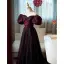 Elegant Burgundy Printing Prom Dresses 2022 A-Line / Princess Off-The-Shoulder Puffy Short Sleeve Backless Floor-Length / Long Prom Formal Dresses