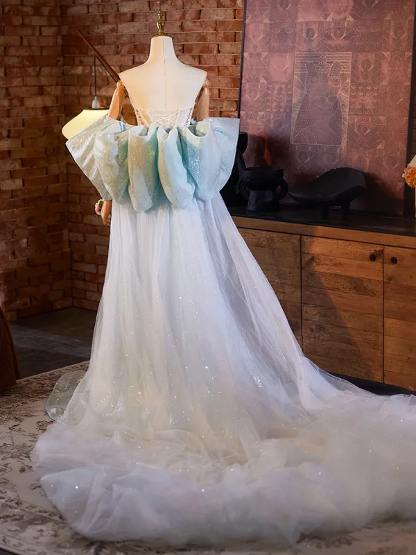 Fashion Sky Blue Beading Sequins Prom Dresses 2024 A-Line / Princess Strapless Short Sleeve Backless Court Train Tulle Prom Formal Dresses