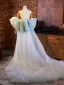 Fashion Sky Blue Beading Sequins Prom Dresses 2024 A-Line / Princess Strapless Short Sleeve Backless Court Train Tulle Prom Formal Dresses