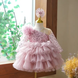 Charmant Rougissant Rose Courte Paillettes Volants En Cascade Anniversaire Robe Ceremonie Fille 2023 Robe Boule V Cou 3 4 Manches Dos Nu
