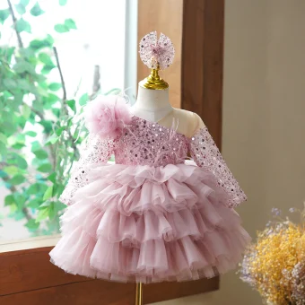 Charming Blushing Pink Short Sequins Cascading Ruffles Birthday Flower Girl Dresses 2023 Ball Gown V Neck 3 4 Sleeve Backless