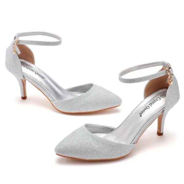 Bling Bling Gold Pailletten Abend Damenschuhe 2024 Knöchelriemen 7 cm Stilettos Spitzschuh Sandaletten Hochhackige
