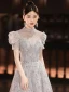 Elegant Grey Beading Sequins Prom Dresses 2024 Backless A-Line / Princess High Neck Short Sleeve Floor-Length / Long Prom Formal Dresses