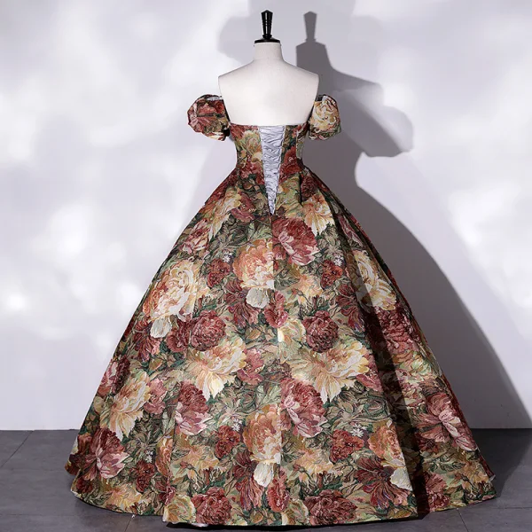 Vintage / Retro Multi-Colors Satin Printing Prom Dresses 2022 Ball Gown Strapless Sleeveless Backless Floor-Length / Long Formal Dresses