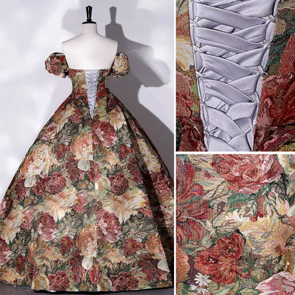 Vintage / Retro Multi-Colors Satin Printing Prom Dresses 2022 Ball Gown Strapless Sleeveless Backless Floor-Length / Long Formal Dresses