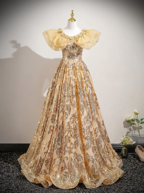 Scintillantes Doré Perlage Paillettes En Dentelle Fleur Robe De Bal 2026 Robe Boule Encolure Dégagée Manches Courtes Dos Nu Train De Balayage Promo Robe De Ceremonie