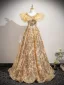 Scintillantes Doré Perlage Paillettes En Dentelle Fleur Robe De Bal 2026 Robe Boule Encolure Dégagée Manches Courtes Dos Nu Train De Balayage Promo Robe De Ceremonie