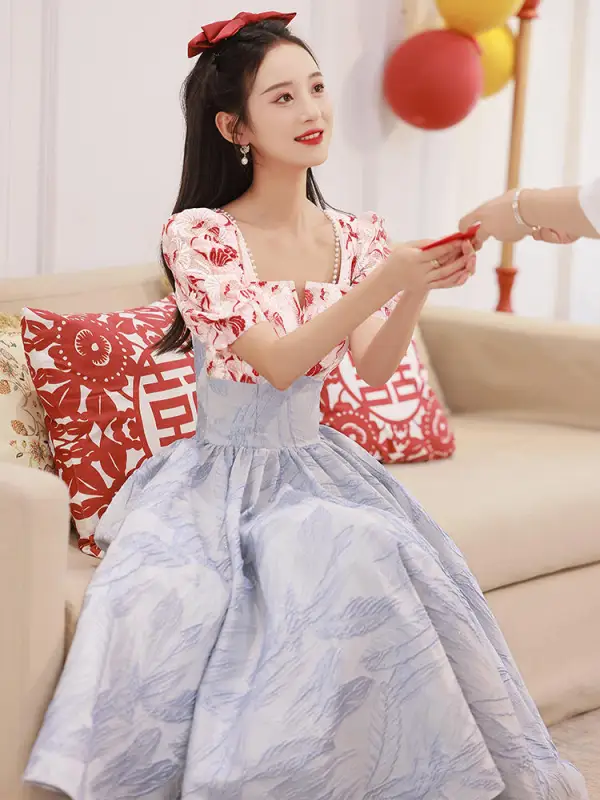 Chic / Belle Rouge En Dentelle Fleur Robe De Bal 2022 Princesse Encolure Carrée Manches Courtes Dos Nu Thé Longueur Promo Robe De Ceremonie