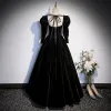 Elegant Black Fall Winter Suede Prom Dresses 2023 A-Line / Princess Strapless Rhinestone Long Sleeve Backless Floor-Length / Long Prom Formal Dresses