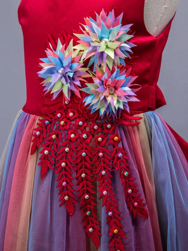 Chic / Beautiful Burgundy Appliques Pearl Lace Flower Birthday Flower Girl Dresses 2024 Ball Gown Scoop Neck Sleeveless Bow Sash Floor-Length / Long