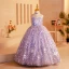 Sparkly Lavender Beading Sequins Rhinestone Birthday Flower Girl Dresses 2024 Ball Gown High Neck Sleeveless Backless Floor-Length / Long