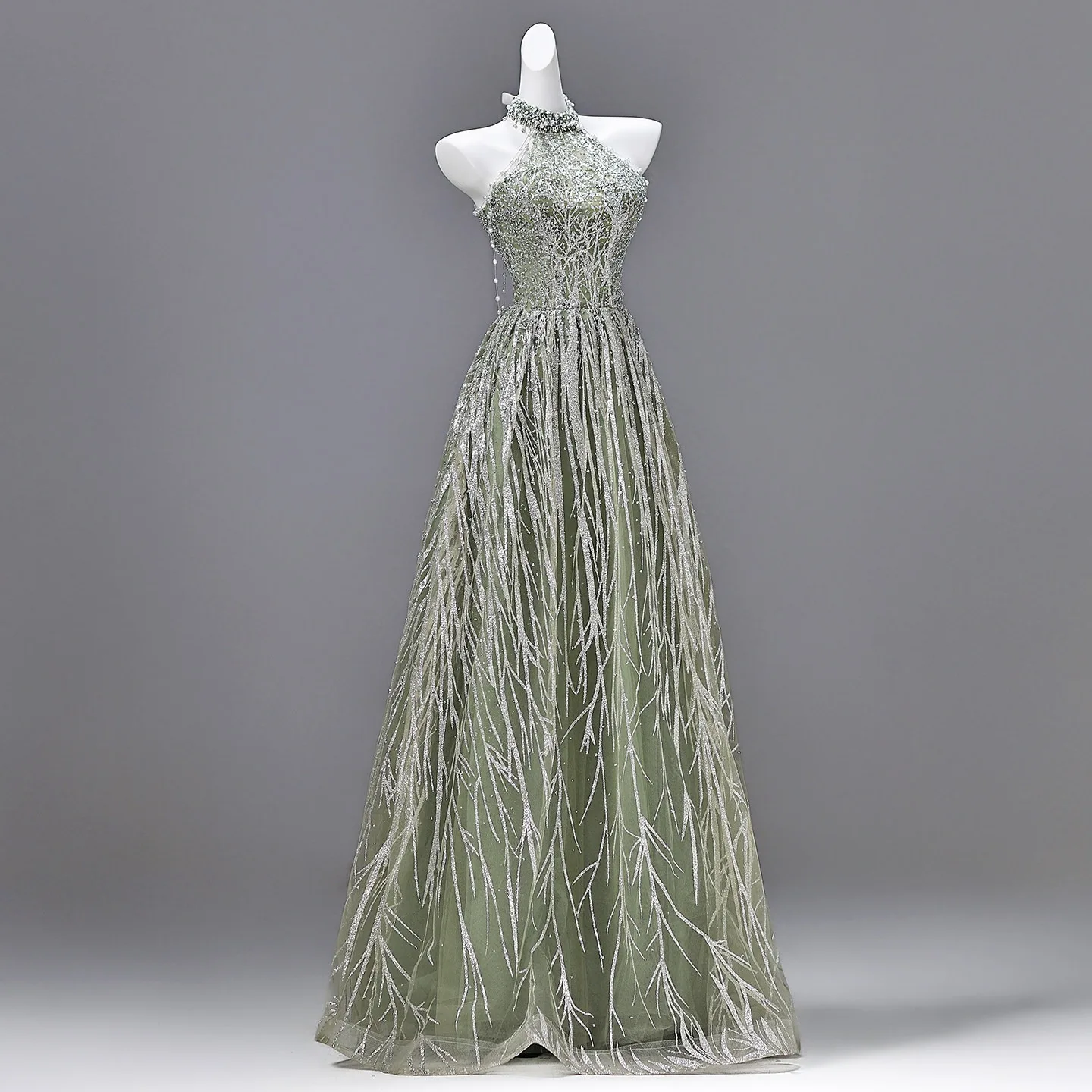 Sparkly Sexy Sage Green Beading Pearl Sequins Prom Dresses 2026 A Line Princess High Neck Sleeveless Backless Floor Length Long Formal Dresses Sparkly Sexy Sage Green Beading Pearl Sequins Prom Dresses 2026 A Line Princess High Neck Sleeveless Backless Floor Length Long Formal Dresses