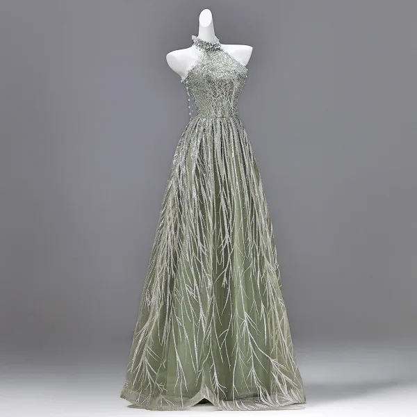 Sparkly Sexy Sage Green Beading Pearl Sequins Prom Dresses 2026 A-Line / Princess High Neck Sleeveless Backless Floor-Length / Long Formal Dresses